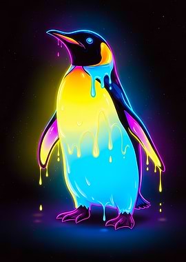 Neon Penguin Dripping Colors