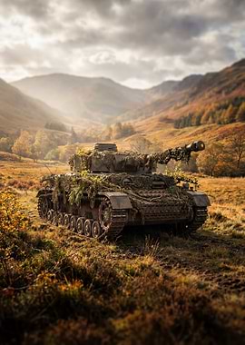 Camouflaged Tank in Autumn Landscape