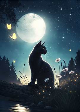 Black Cat Under Moonlight Nature