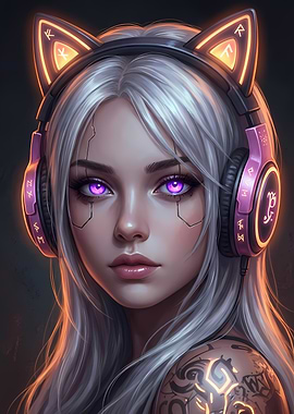 Cyberpunk Girl with Cat Ear Headphones