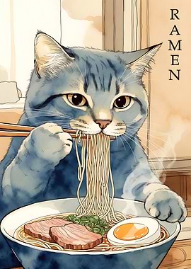 Cat Eating Ramen Watercolor Illustration