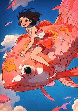 Girl Riding a Giant Goldfish in Sky