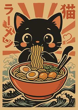 Cute Cat Eating Ramen Illustration