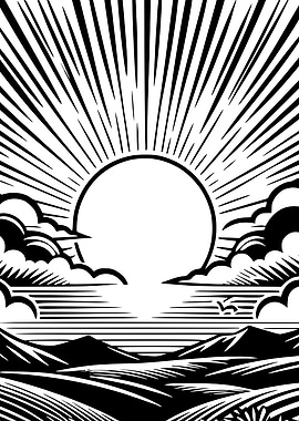 Monochrome Sunrise Landscape Illustration