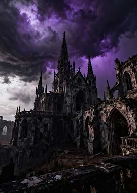 Ruined Gothic Cathedral Under Stormy Sky