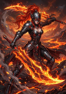 Fiery Warrior Woman with Flaming Swords