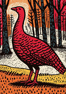 Red Wild Turkey in the Woods Illustration