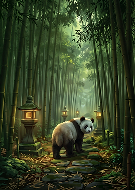 Panda in Bamboo Forest with Lanterns