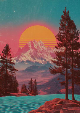 Retro Mountain Landscape with Sunset