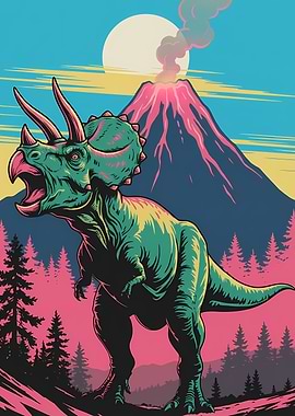 Triceratops Roaring by Volcano Landscape