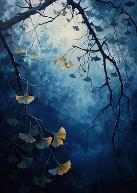 Ginkgo Leaves in Blue Night Painting