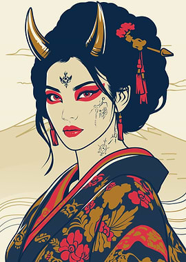 Oni Girl Portrait with Horns and Kimono