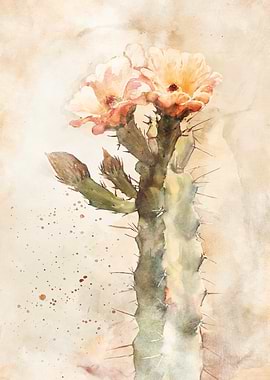 Watercolor Cactus with Peach Flowers