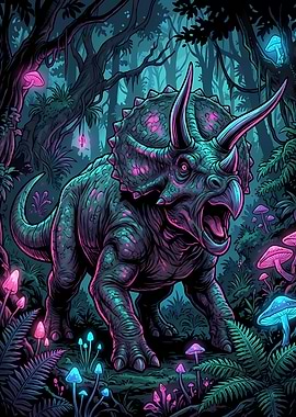 Triceratops in a bioluminescent forest