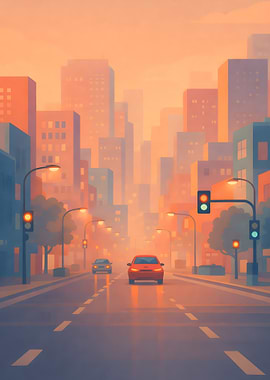 City street with cars at sunset