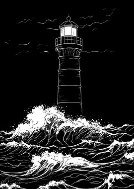 Lighthouse in Stormy Seas Illustration