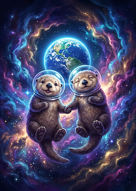 Cute Otters in Space Suits Holding Hands