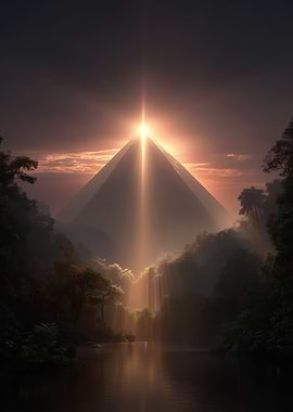 Pyramid in Jungle with Light Rays
