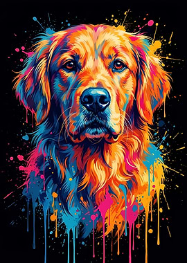 Colorful Golden Retriever Portrait with Paint Splatters