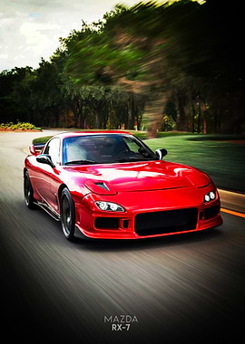 Red Mazda RX-7 on the road Poster