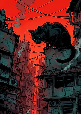 Black Cat in Urban Landscape