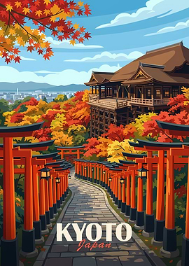 Kyoto Japan Autumn Landscape Illustration
