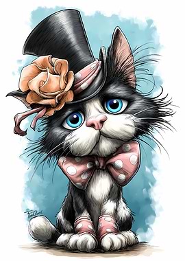 Moon the Cat Caricature with Top Hat and Bowtie