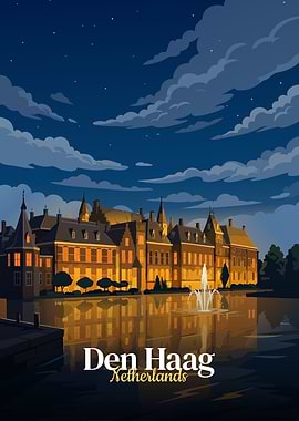Den Haag, Netherlands Nightscape Illustration