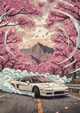 White Car Drifting Under Cherry Blossoms