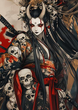Oni Woman with Skulls and Katana
