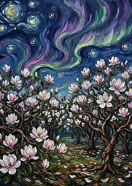 Magnolia Trees Under Aurora Painting