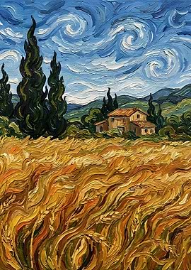 Wheat Field with Cypresses Painting
