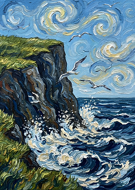 Coastal Cliff with Seagulls Painting
