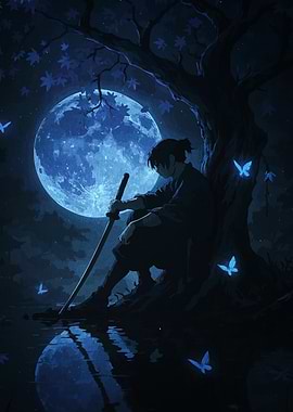 Moonlit Samurai Under Tree with Butterflies