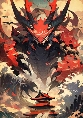 Giant Monster over Japanese Temple