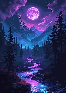 Purple Moonlit Mountain River Landscape