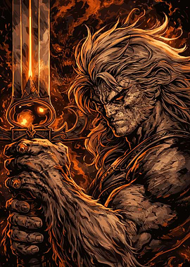 Warrior with Sword in Fiery Setting