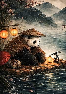 Panda on Raft in Japanese Landscape