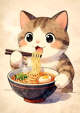Cute Cat Eating Ramen Illustration