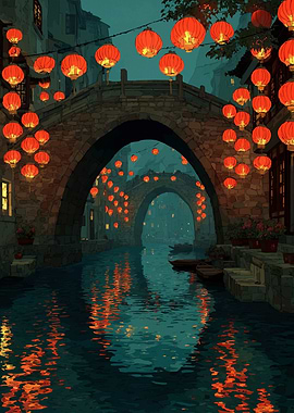 Chinese lanterns over canal and bridges
