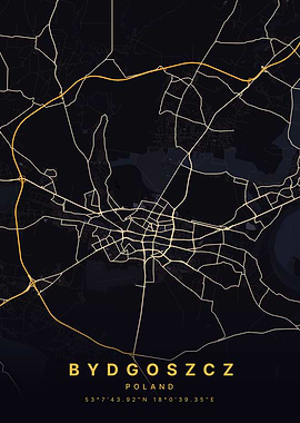 Bydgoszcz Poland Black and Gold Map