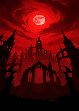 Red Gothic Castle Under a Full Moon