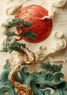 Japanese-inspired tree with sun and waves