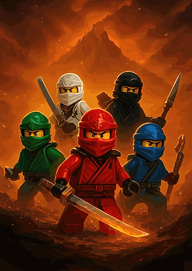 Lego Ninjago Team in Fiery Landscape