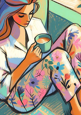 Woman with Coffee in Floral Trousers