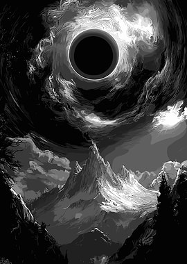 Monochrome Mountain Landscape with Eclipse