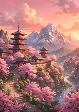 Japanese Pagoda with Cherry Blossoms Landscape