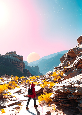 Hiker in a surreal mountain landscape
