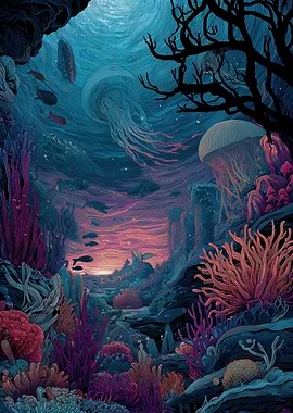 Underwater scene with jellyfish and coral