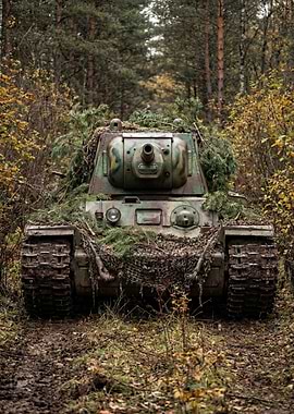 Camouflaged Tank in Autumn Forest